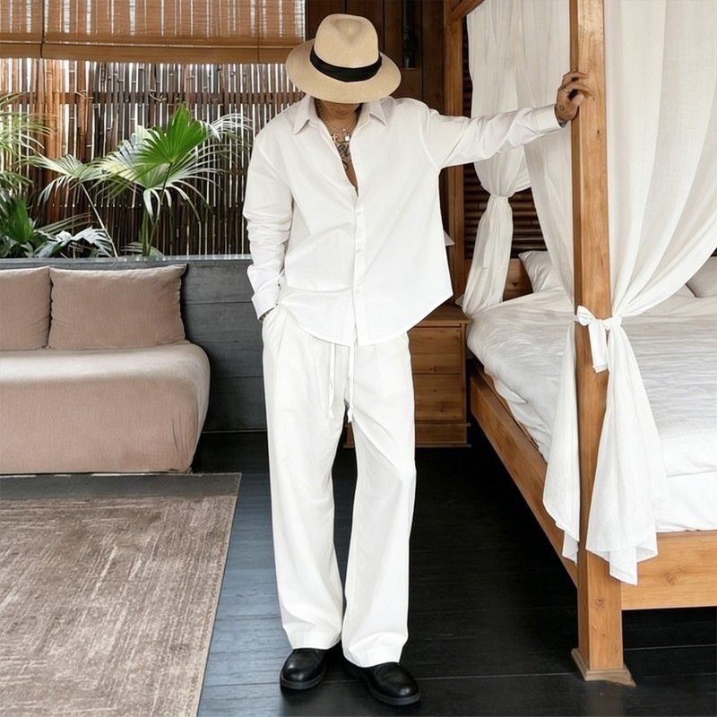 Linen Shirt Breathable - タグキタの夏用、若い男性向け、ホワイトリネンセット、ルーズフィット、長袖シャツ、薄手で通気性のある高級カジュアルスポーツウェア