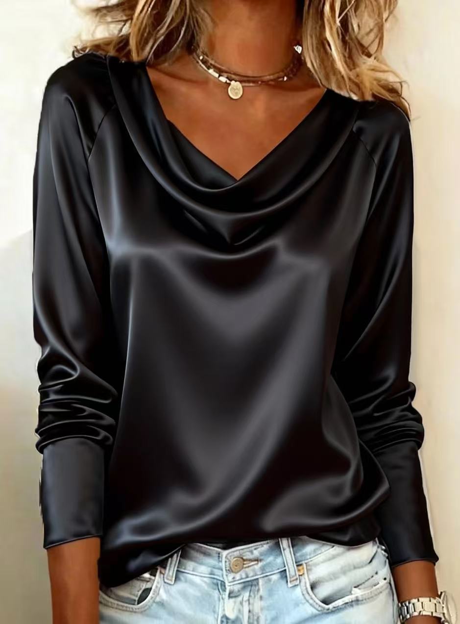 Shirt Camp Collar - 高級サテン無地Vネック長袖ブラウス – 女性用フローイングドレープカラートップス – カジュアル＆オフィスウェア