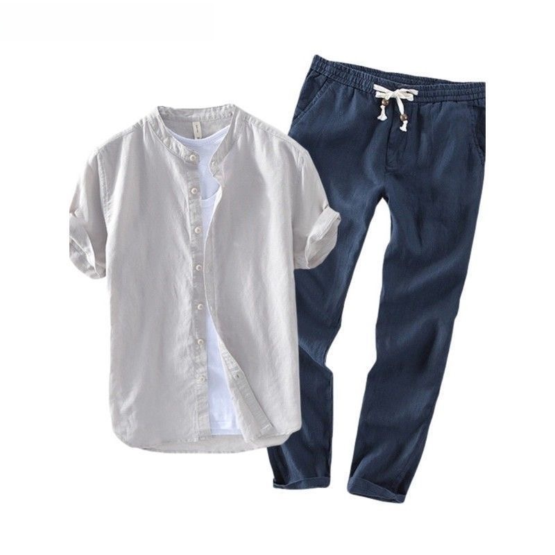 Linen Shirt Breathable - メンズリネン半袖カジュアルシャツとTシャツセット通気性のある夏服快適なゆったりとした大きいサイズの服