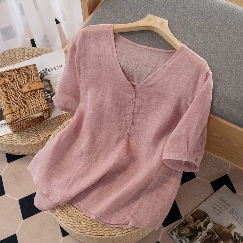 Linen Shirt Breathable - レディース リネンブレンド Vネック Tシャツ 半袖 カジュアル