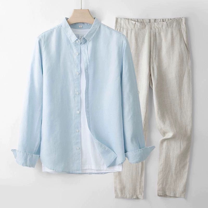 Linen Shirt Breathable - メンズコットンリネン長袖シャツ カジュアルスタイル 春夏 通気性抜群 トレンドトップス 若者向け