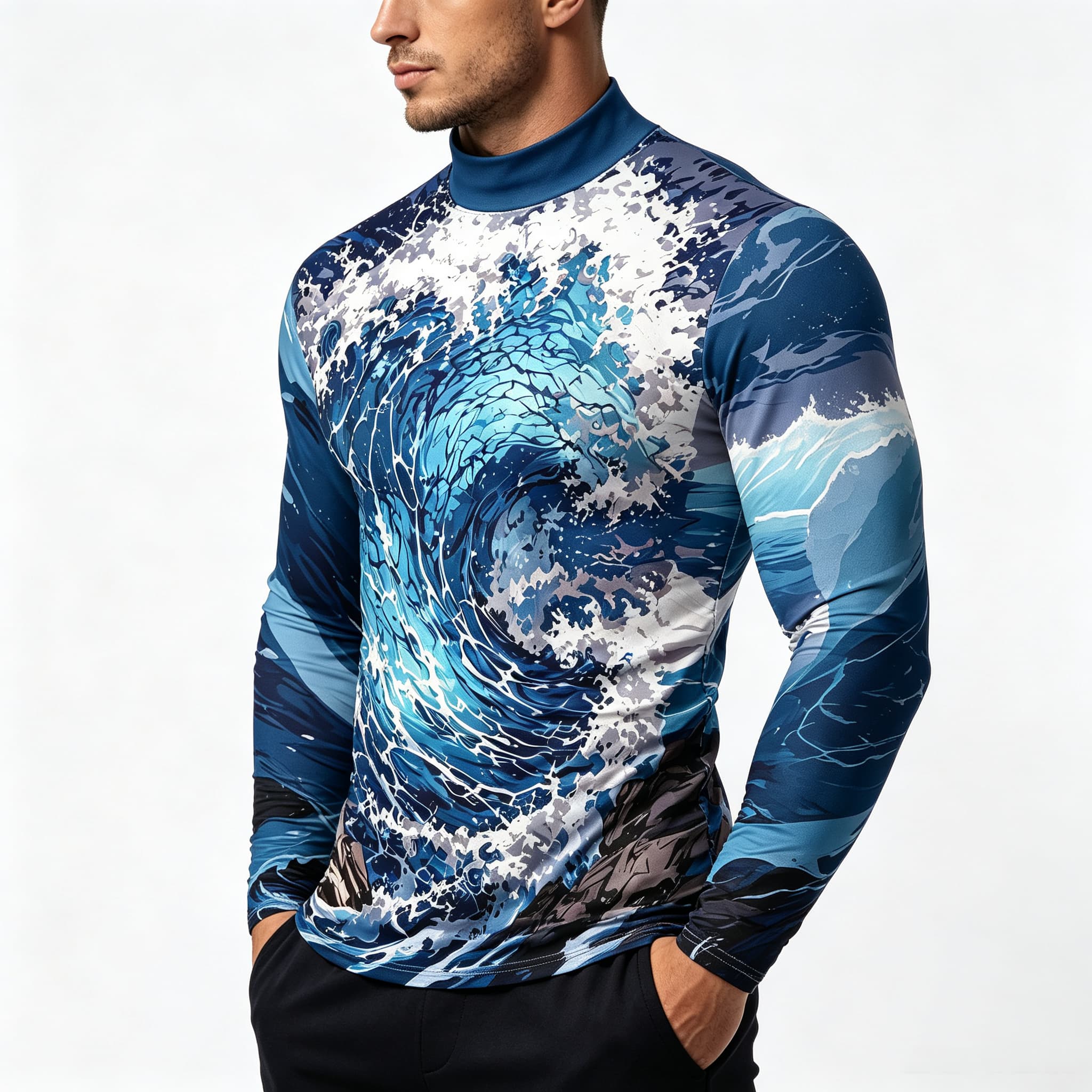 Tee Graphic Print - ヴィンテージオーシャンサーフウェーブプリントメンズモックネック長袖Tシャツ、自然風景グラフィックトップ、デイリーカジュアルウェアに最適