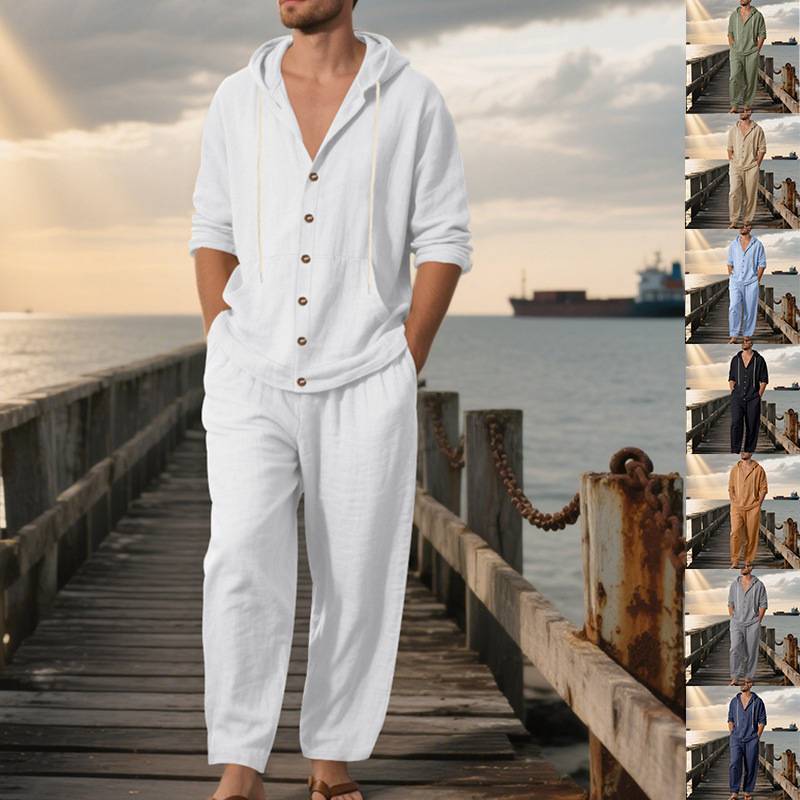 Linen Shirt Breathable - 夏のメンズアメリカンルーズリネンフード付き長袖シャツと長ズボン2ピースカジュアルスーツ通気性メンズリネンブレンドセット