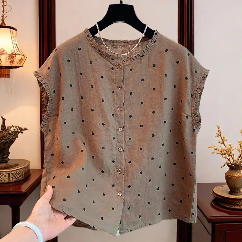 Shirt Camp Collar - レディース レトロ ポルカドット リネンコットン ブラウス ラッフルカラー