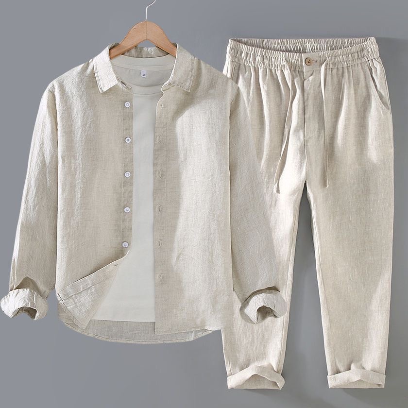Linen Shirt Breathable - 高級純麻セット メンズ長袖カジュアル通気性コットンリネンシャツ 新作2025春夏秋メンズウェア
