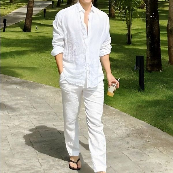 Linen Shirt Breathable - ビーチバケーションスタイル、メンズ用コットンリネンカジュアルセット、日焼け防止機能付き長袖シャツ、リネン素材で通気性の良い作業着風ロングパンツ、2点セット。