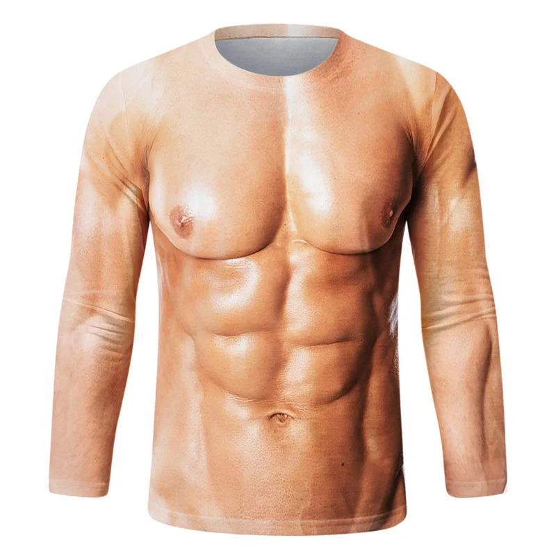 Tee Graphic Print - 面白い筋肉模様のプリントTシャツ、メンズ長袖Tシャツ、新作、スポーツ用3DプリントTシャツ、カジュアル、春のランニングに最適なトップス。