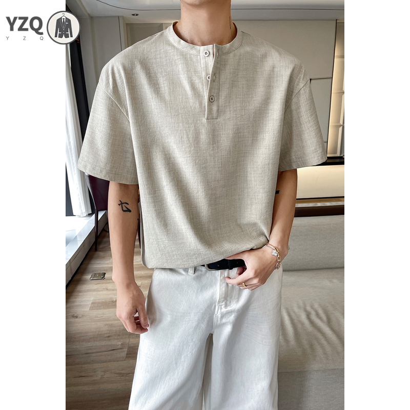 通気性に優れたリネン素材の、ボタン付きネックラインが特徴の、 - Linen Shirt Breathable のレビューと価格