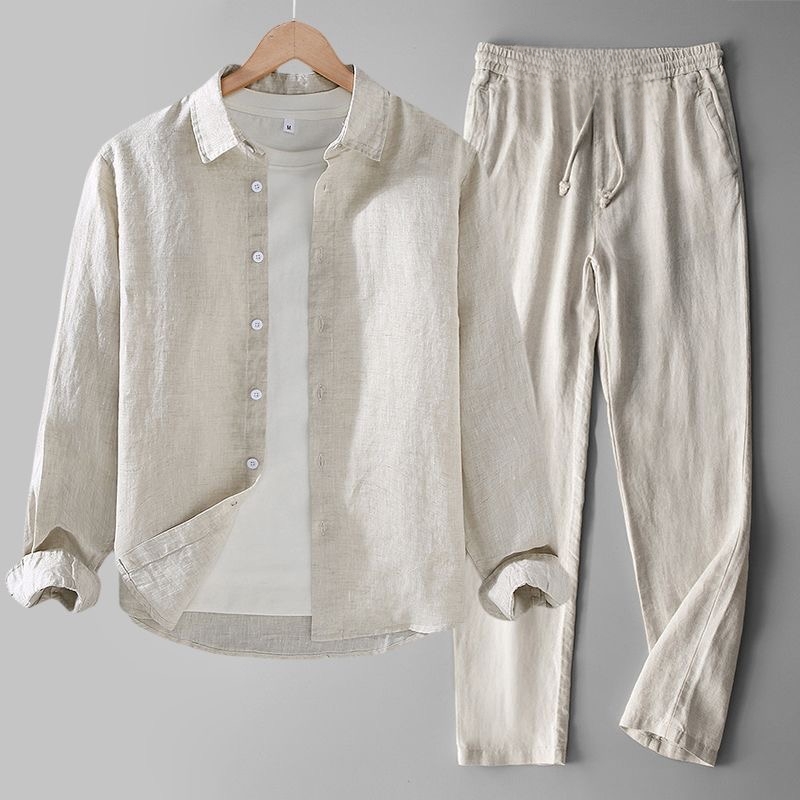 春の新作メンズコットンリネン長袖シャツカジュアルパンツ2点セ - Linen Shirt Breathable のレビューと価格