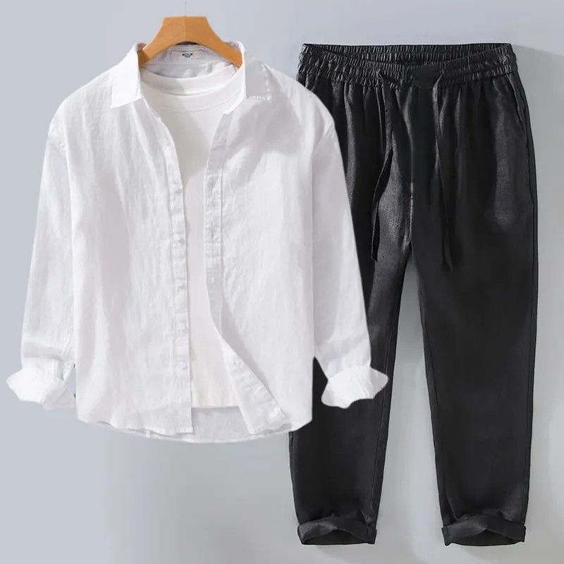 タグキタの夏用、若い男性向け、ホワイトリネンセット、ルーズフ - Linen Shirt Breathable のレビューと価格