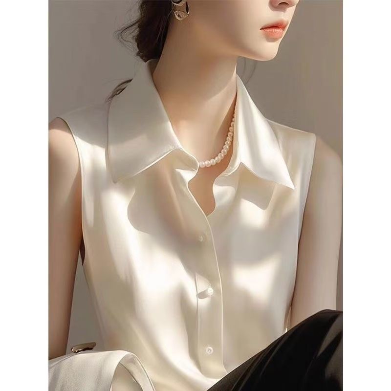 フレンチサテンポロカラーノースリーブベストシャツ女性用春と夏 - Shirt Camp Collar のレビューと価格
