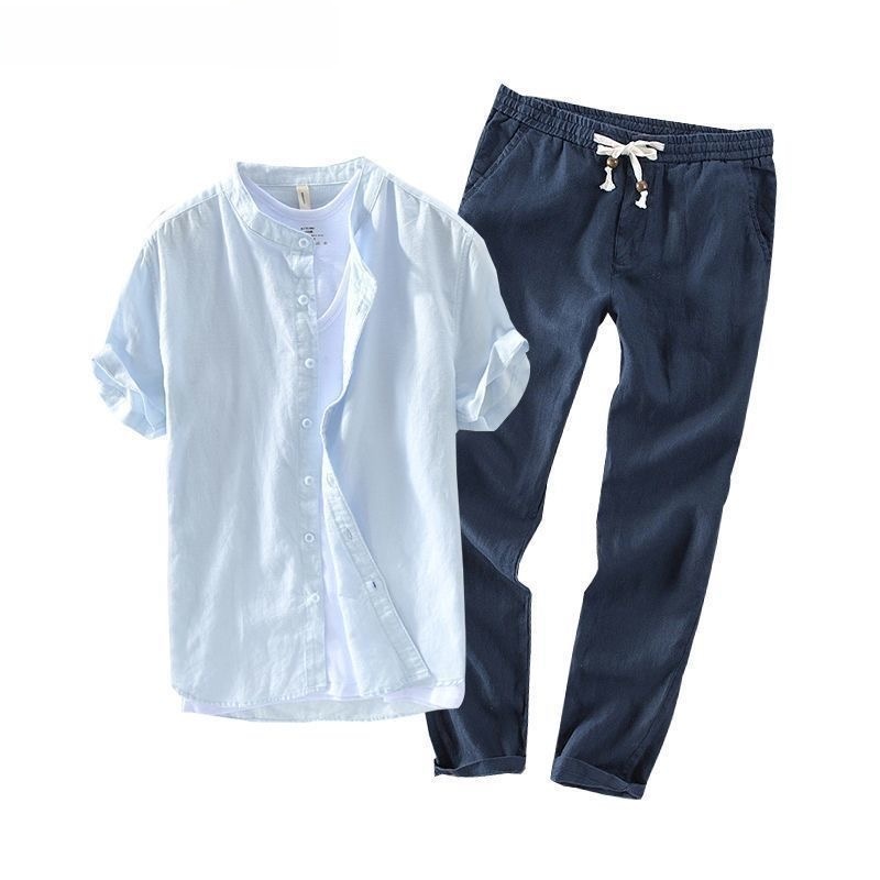 メンズリネン半袖カジュアルシャツとTシャツセット通気性のある - Linen Shirt Breathable のレビューと価格
