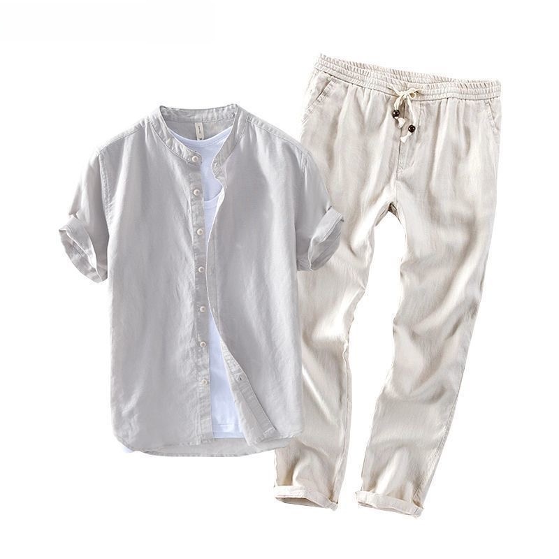 メンズリネン半袖カジュアルシャツとTシャツセット通気性のある - Linen Shirt Breathable のレビューと価格