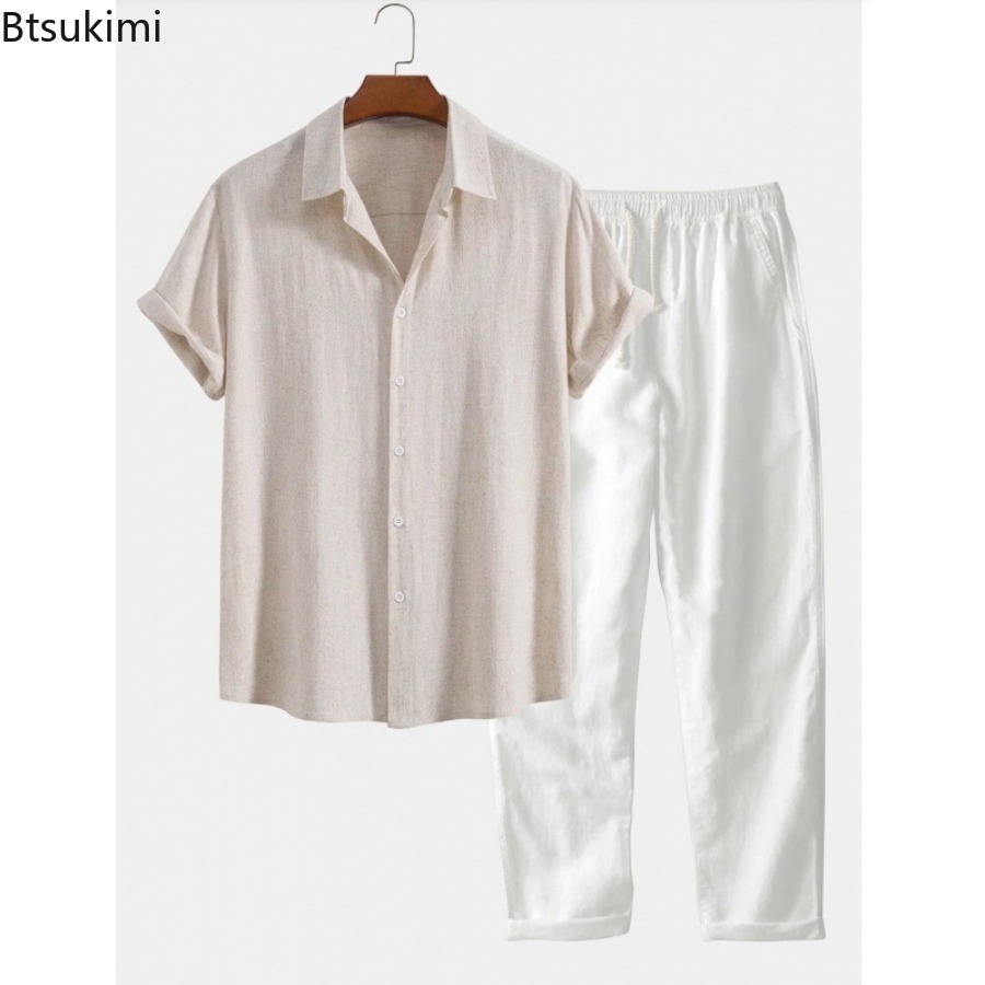 2026年メンズファッション無地ビーチツーピースセット夏軽量 - Linen Shirt Breathable のレビューと価格