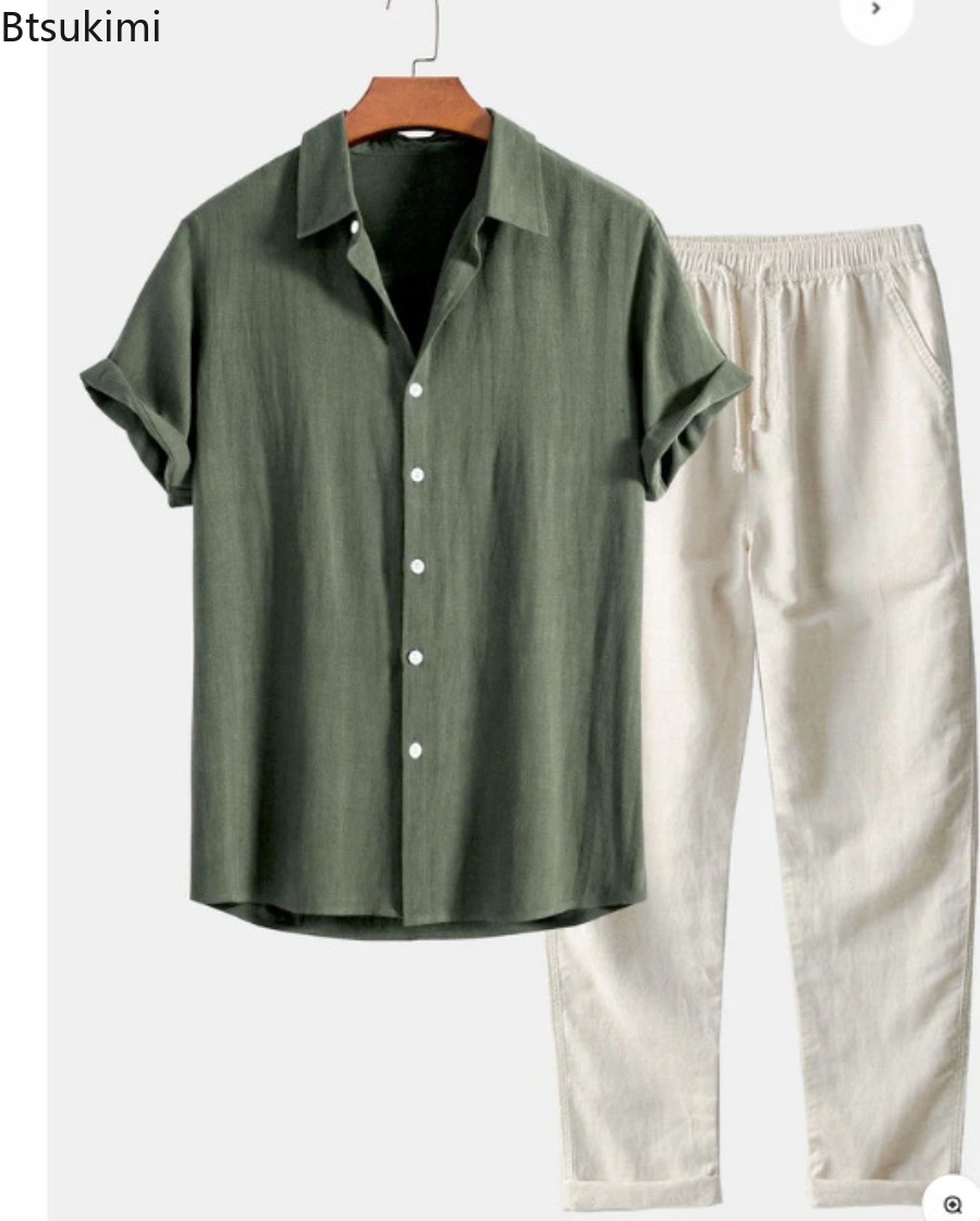 2026年メンズファッション無地ビーチツーピースセット夏軽量 - Linen Shirt Breathable のレビューと価格