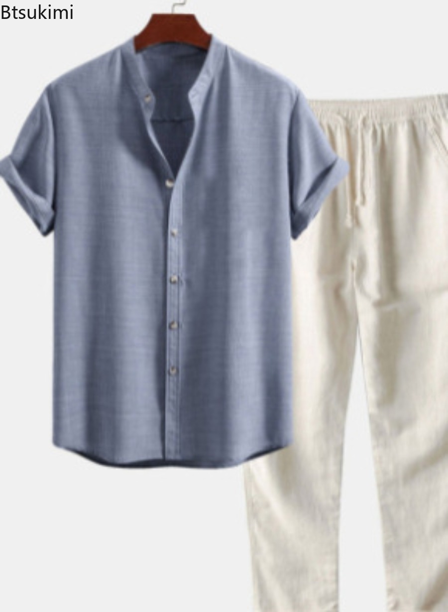 2026年メンズファッション無地ビーチツーピースセット夏軽量 - Linen Shirt Breathable のレビューと価格