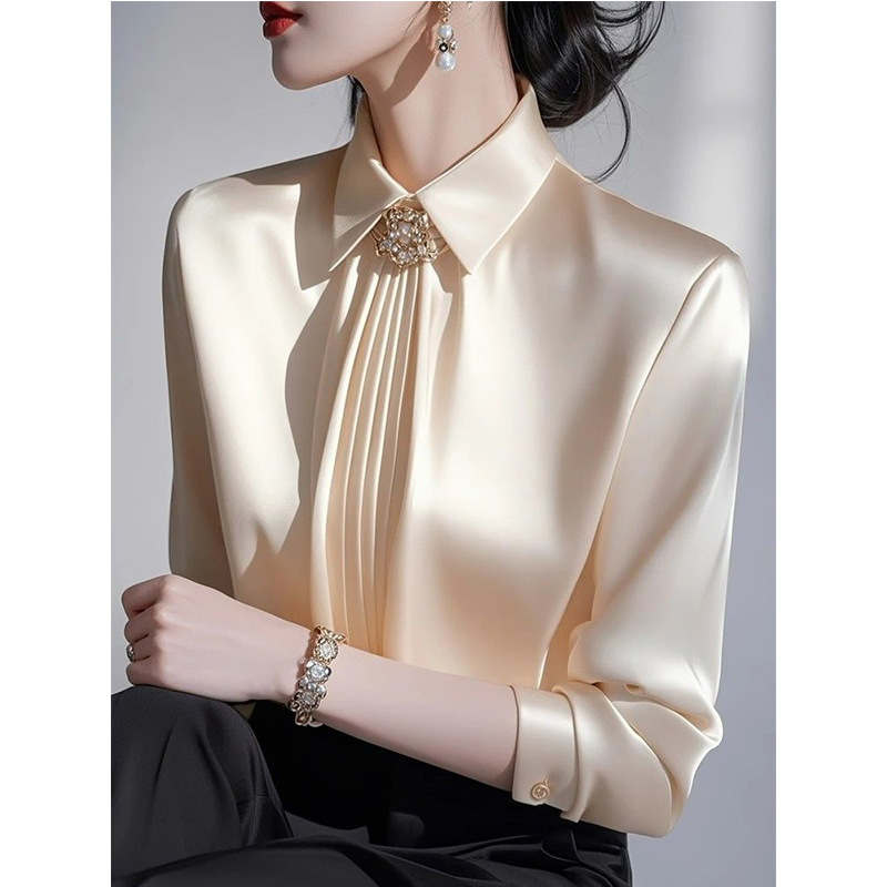 2025 春の新気質サテンブラウスレディースオフィスレディシ - Shirt Camp Collar のレビューと価格