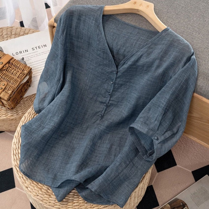 レディース リネンブレンド Vネック Tシャツ 半袖 カジュ - Linen Shirt Breathable のレビューと価格