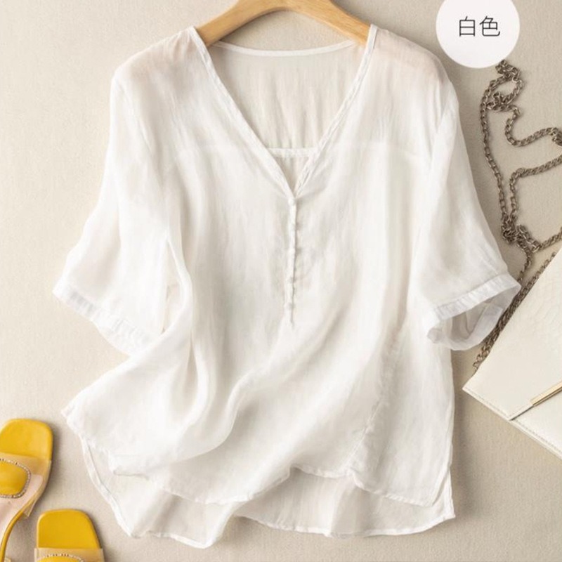 レディース リネンブレンド Vネック Tシャツ 半袖 カジュ - Linen Shirt Breathable のレビューと価格
