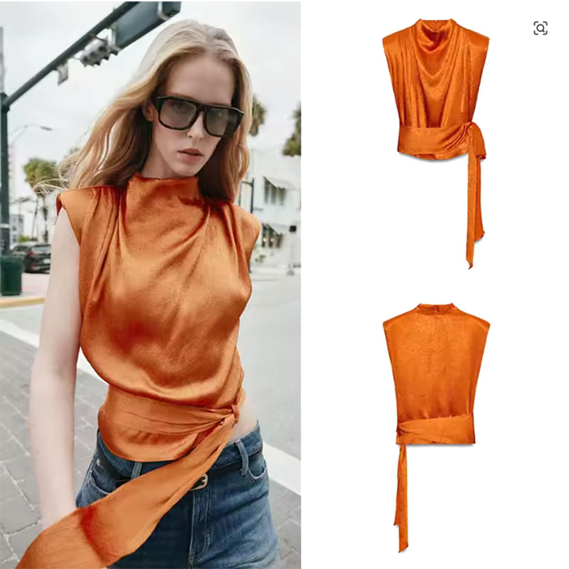 サテンショールカラーノースリーブクロップトップ、女性用エレガ - Shirt Camp Collar のレビューと価格