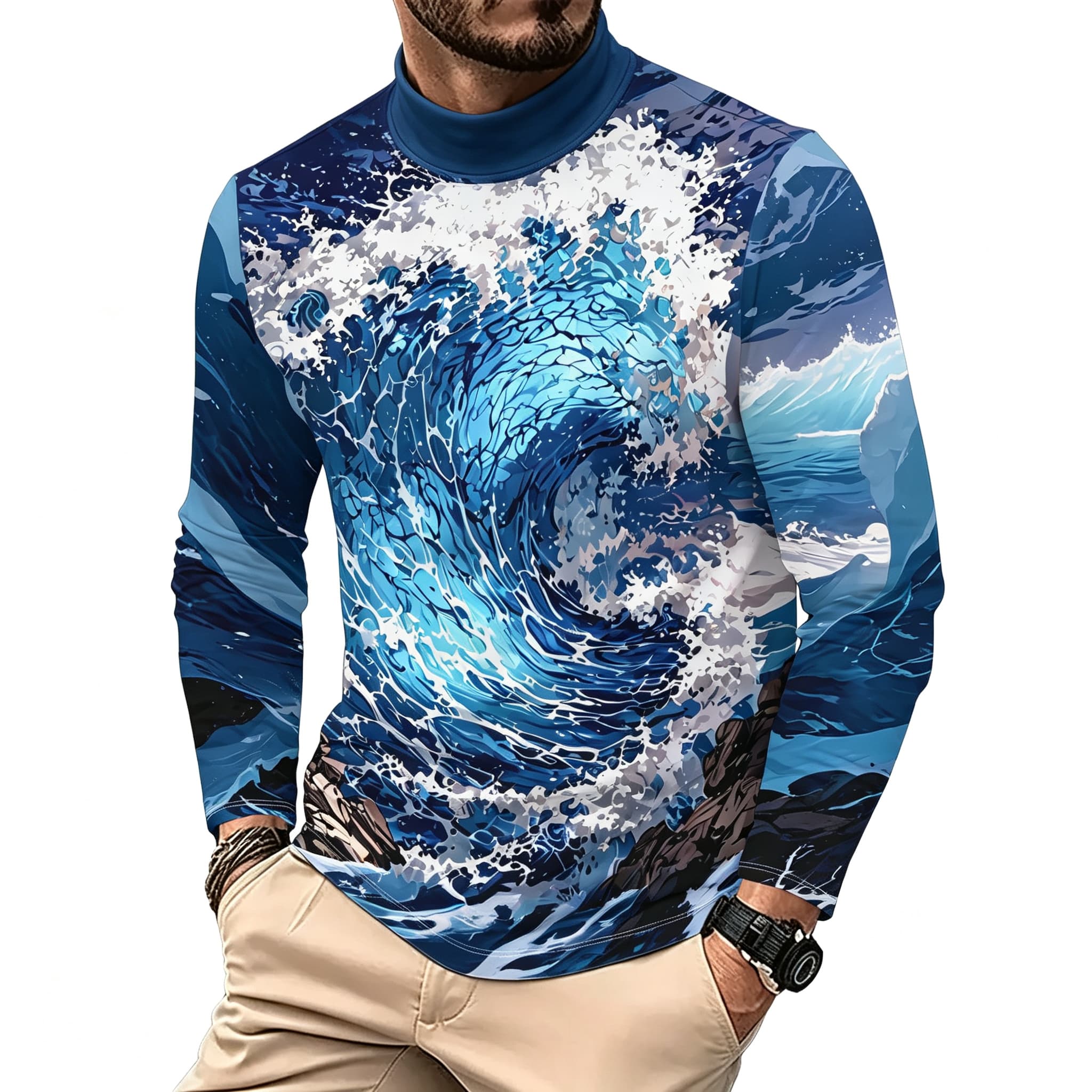 ヴィンテージオーシャンサーフウェーブプリントメンズモックネッ - Tee Graphic Print のレビューと価格