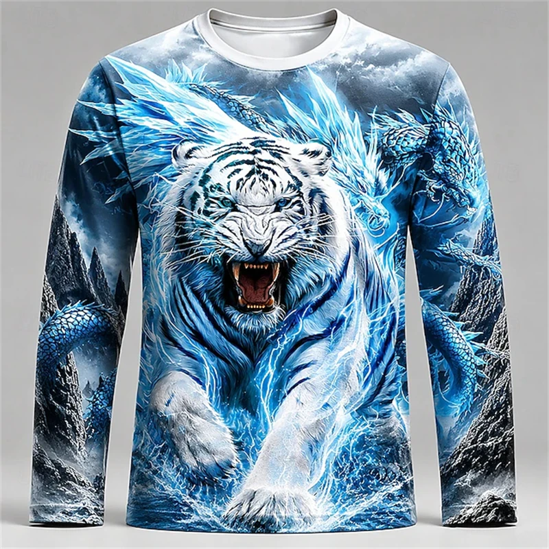 メンズ、青と白のタイガードラゴン柄、長袖シャツ、クルーネック - Tee Graphic Print のレビューと価格