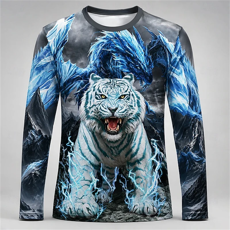 メンズ、青と白のタイガードラゴン柄、長袖シャツ、クルーネック - Tee Graphic Print のレビューと価格