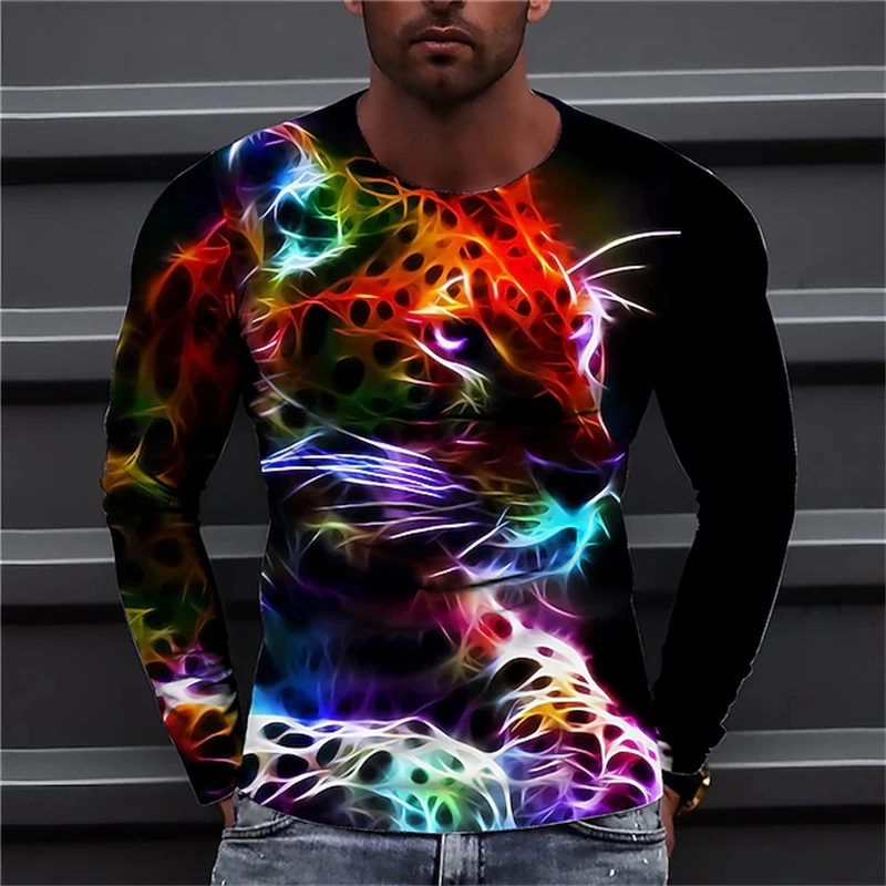 メンズ、青と白のタイガードラゴン柄、長袖シャツ、クルーネック - Tee Graphic Print のレビューと価格