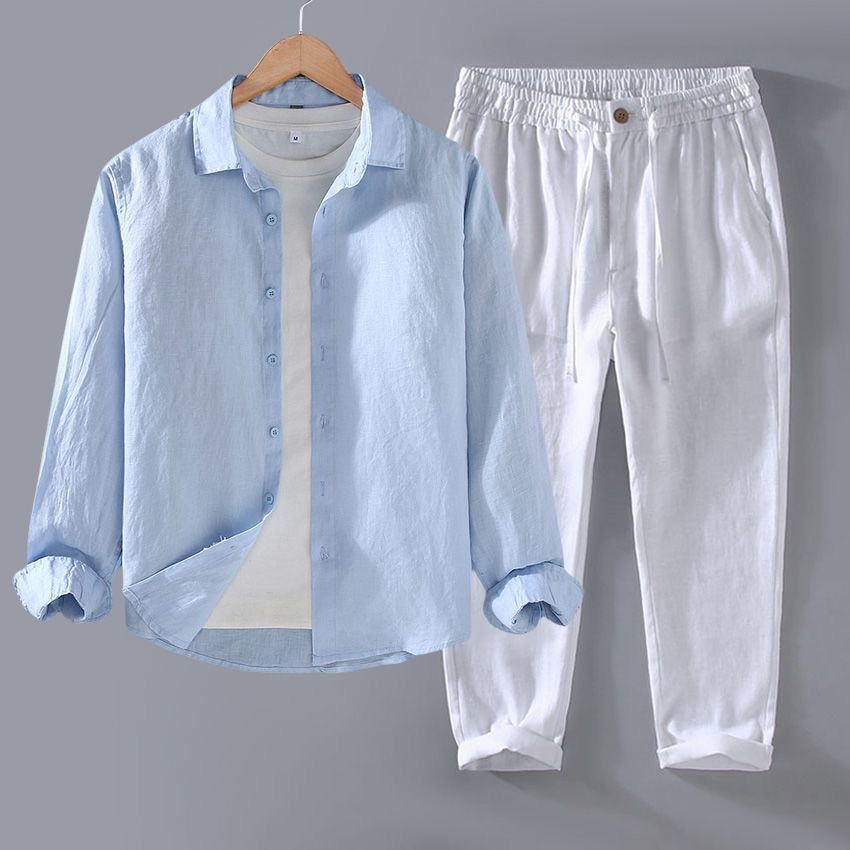 高級純麻セット メンズ長袖カジュアル通気性コットンリネンシャ - Linen Shirt Breathable のレビューと価格