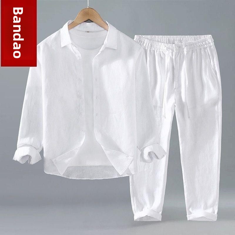 リネン素材のメンズカジュアル半袖シャツと長ズボンの2点セット - Linen Shirt Breathable のレビューと価格